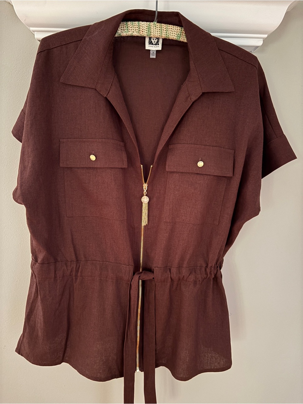 Anne Klein Short Sleeve Zip Front Utility Top - Deep Brown with Gold Hardware